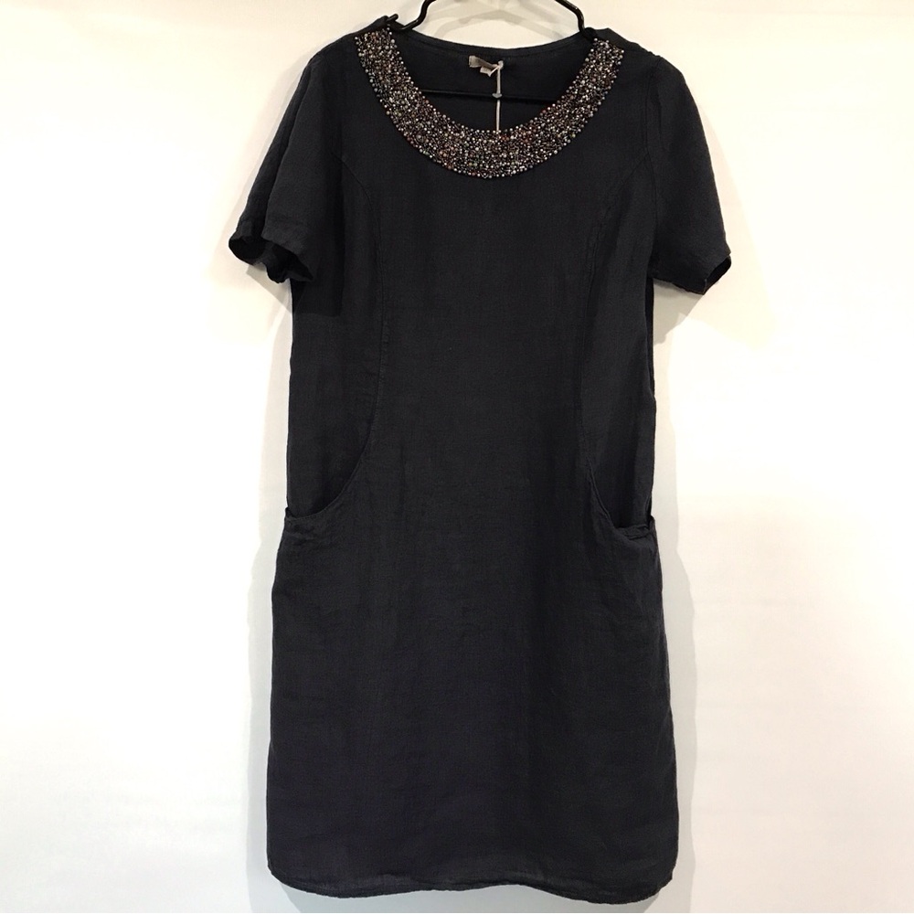 Lina Tomei Women’s Navy Dress with Beaded Neckline